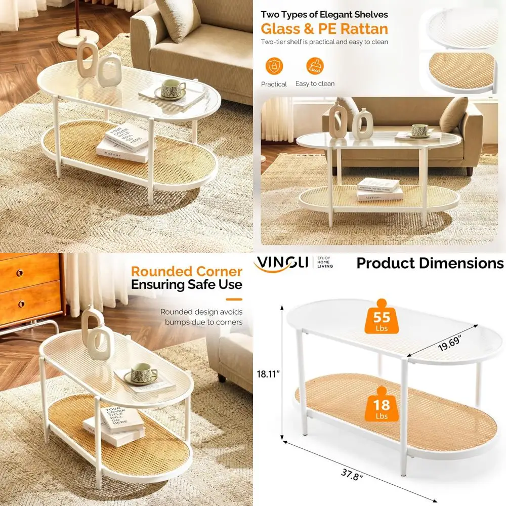 

Oval Rattan Coffee Table with Glass Top and Metal Frame, Modern 2-Tier Storage, Farmhouse Style Living Room Furniture