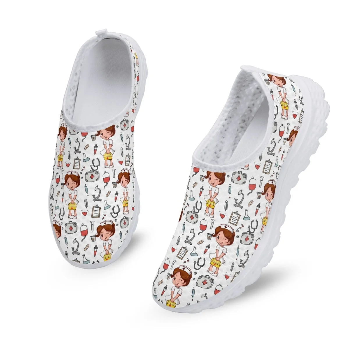 Belidome Cartoon Nurse Shoes White Medical Nurse Print Breathable Walking Mesh Flat Shoes Sneaker Female Footwear Tenis de Mujer