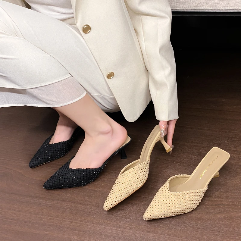 New Summer Stilettos Slippers Spring Pointed Toe Rhinestone Mesh Feet Non-slip Wear-resistant High Heels Women's Shoes Slides