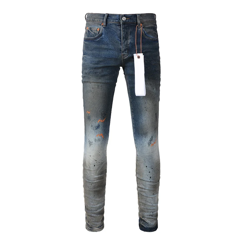 Summer\'s Men\'s Dirty Streetwear Distressed Skinny Button Fly Splash Paints Ripped Jeans Pants