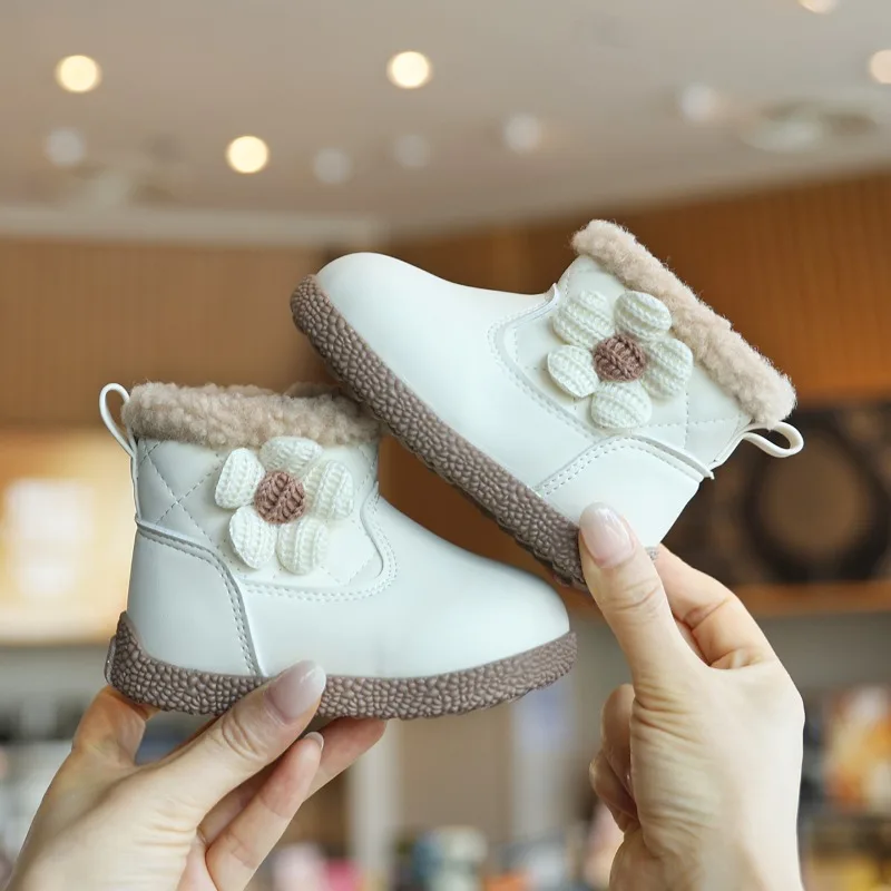 JGSHOWKITO Baby Girls Ankle Snow Boots Winter Sweet Flower Children Leather Boots Warm Furry Hairy Kids Non-slip Cotton Boots