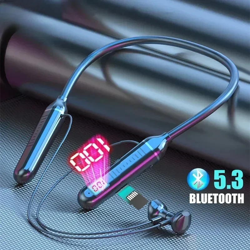 TWS Wireless Earphones Bluetooth 5.3 Neckband Headphones Gaming LED Display HIFI Headset Sports  Earbuds with Mic TF Card Slot