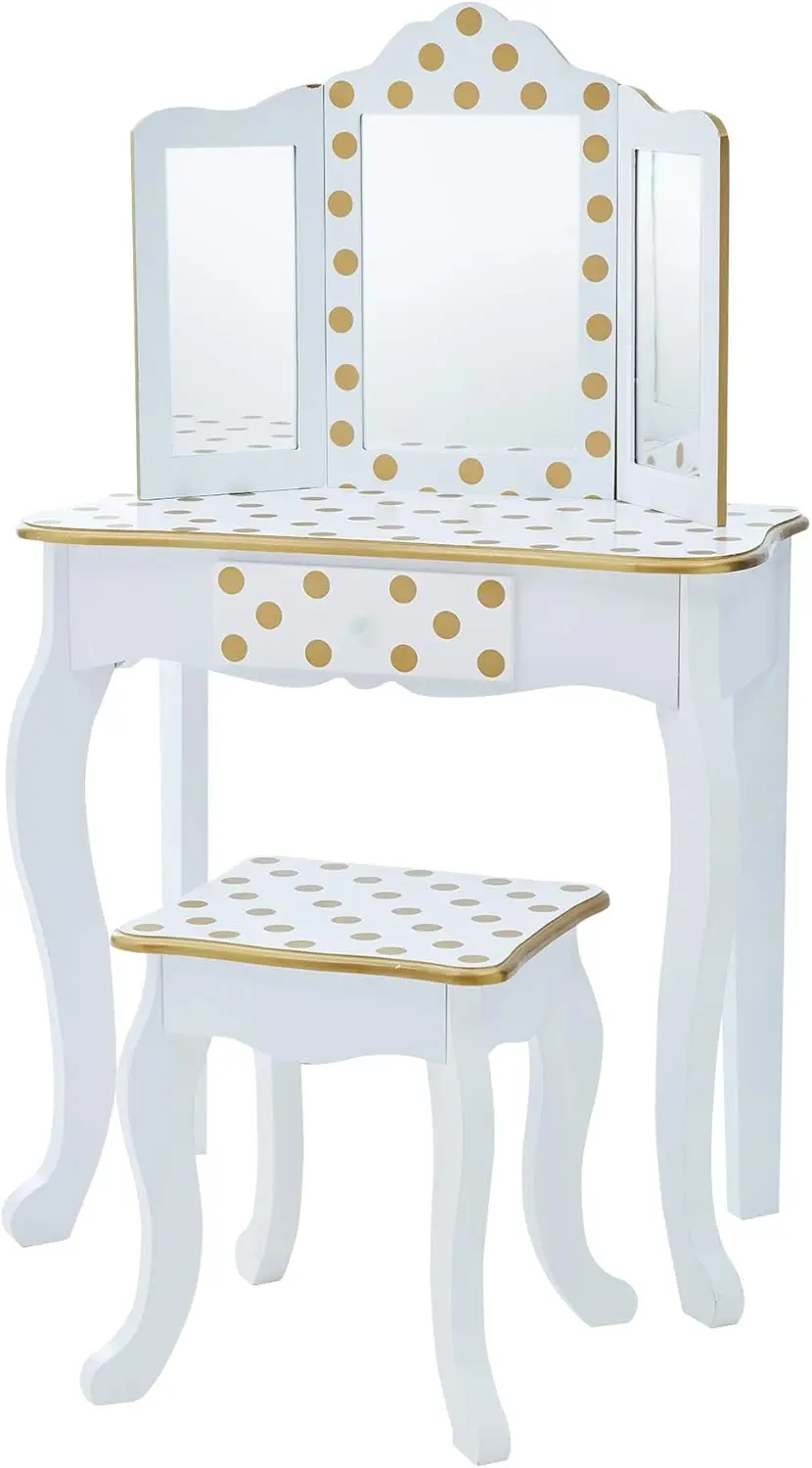 

Princess Play Vanity Set with Mirror, Drawer & Stool, White Gold Polka Dot Kids Furniture