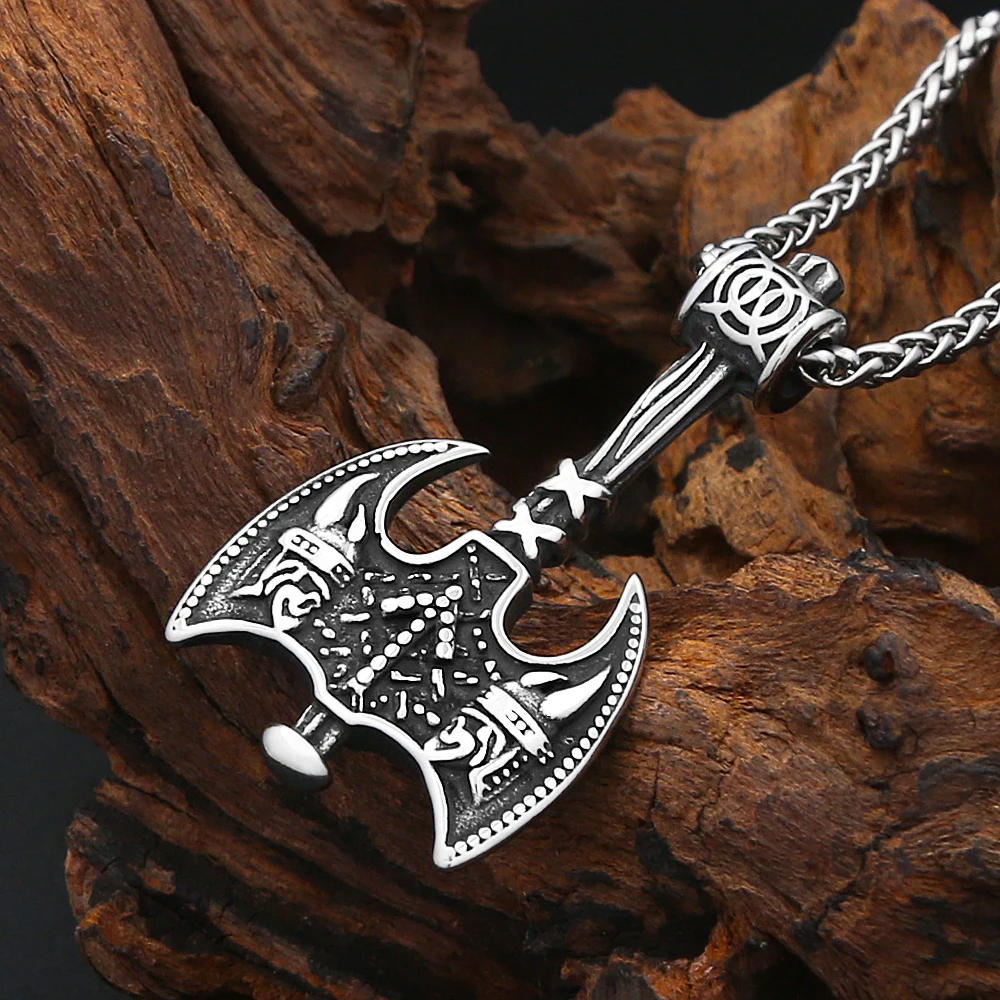 Vikings Stainless Steel Giant Axes Warrior Necklaces Fashion Berserkers Norse Amulet Pendant For Men Odin Jewelry Gift Wholesale