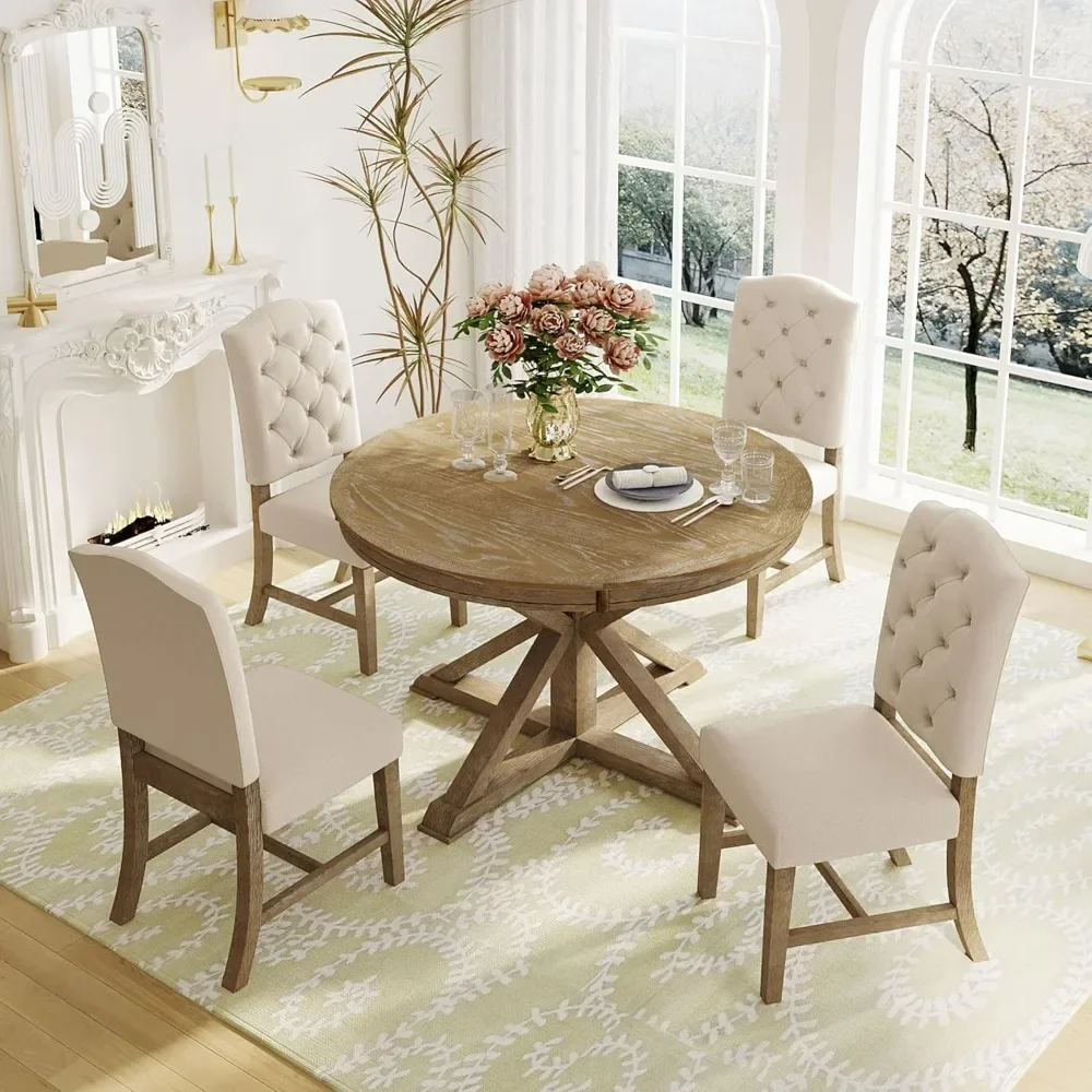 5-Piece Round Dining Table Set, Extendable Table with 4 Upholstered Chairs, Dining Room Table Sets, Kitchen Tables sets