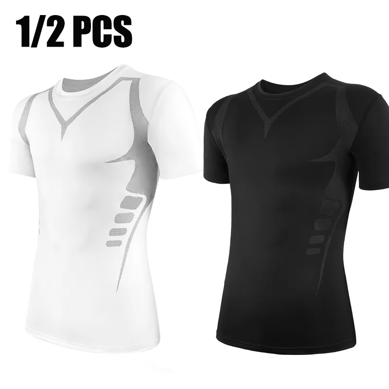 

1/2PCS Men Short Sleeve Compression Shirts Quick Dry T-Shirt Gym Workout Running Rash Guard Tops Summer Athletic Undershirt