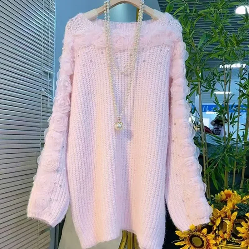 

French rose beading fashion design sweater women autumn and winter plus size loose slim Joker casual long sweater dress.