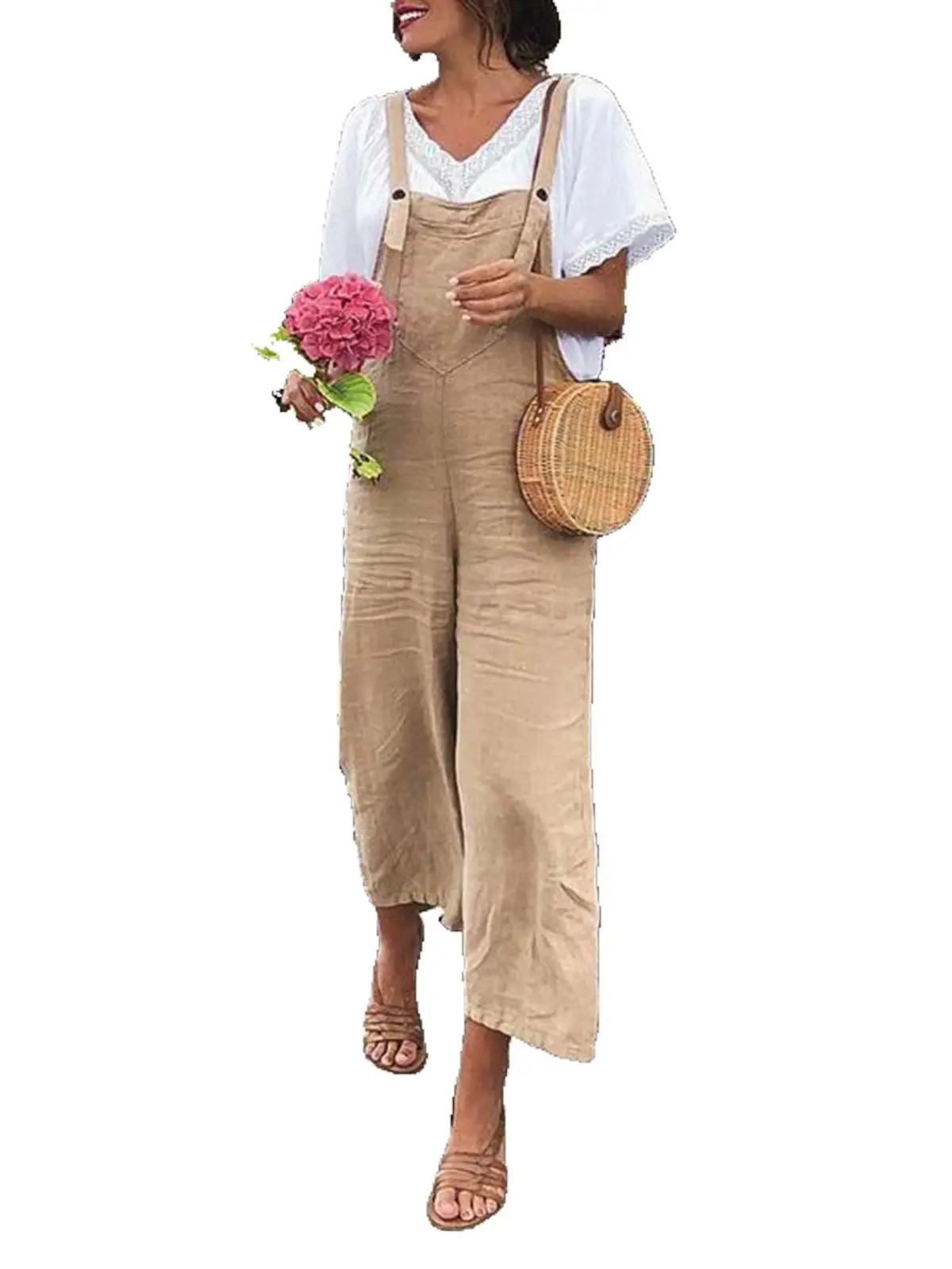 Women Fashion Sleeveless Straps Jumpsuits Summer Wide Leg Trousers Solid Linen Rompers Ladies Casual Long Pants Overalls