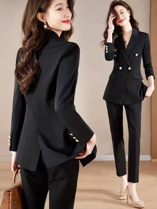 

Black Suit Jacket And Pants Set for Women Elegant Workwear Two-Piece Ensemble for College Students Long Sleeve Polyester Fiber