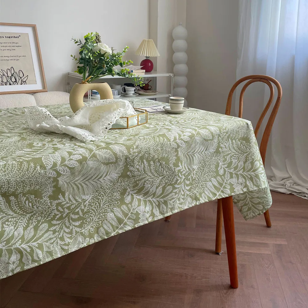 Cotton Linen Waterproof  Tablecloth,Green plant design Dust-Proof Table Cover,For Dinning Birthday Party Tabletop Decoration