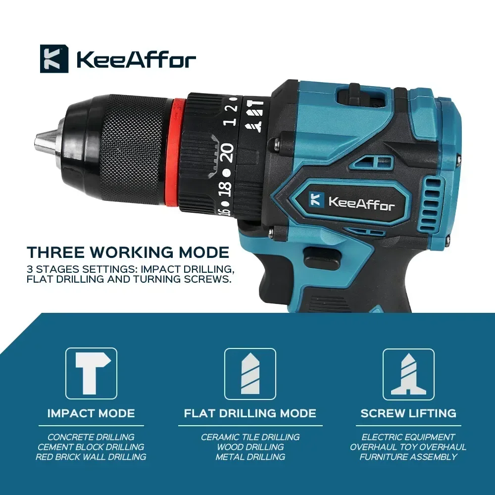 KEEAFFOR 450NM 1200W Brushless Electric Impact Drill 20Gears Cordless Electric Drill Electric Screwdriver For Makita 18v Battery