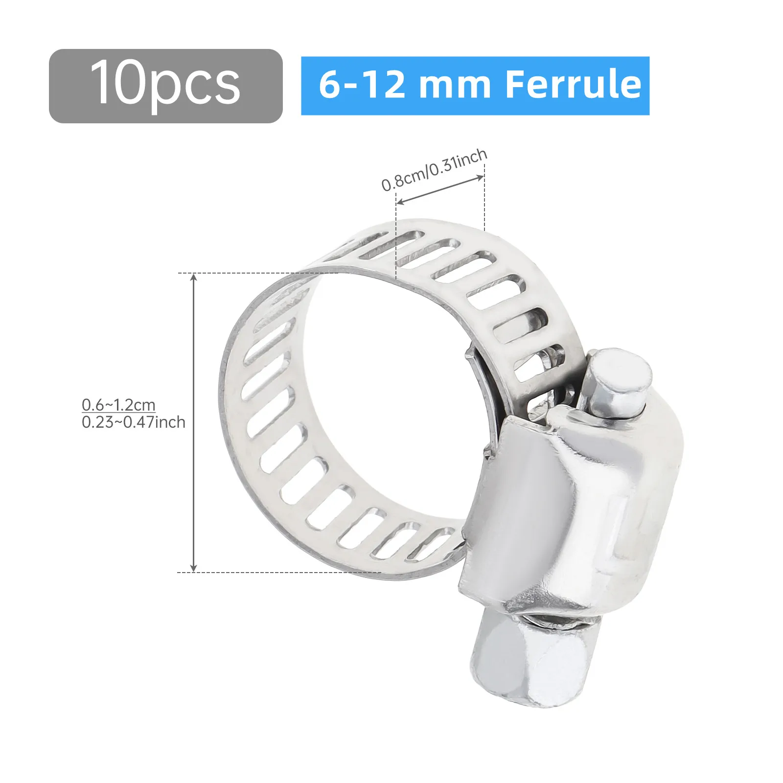 10 pcs 6-12 mm / 10-16 mm Ferrule Stainless Steel Adjustable Hose Clamps for Plumbing / Automotive / Mechanical Applications