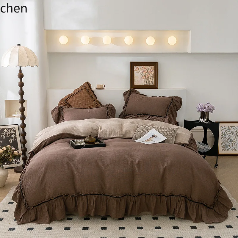 YFY Vintage French Ruffle All-Cotton Double-Layer Gauze Four-Piece Set for All-Season Bare-Sleeping Pure Cotton Bedding