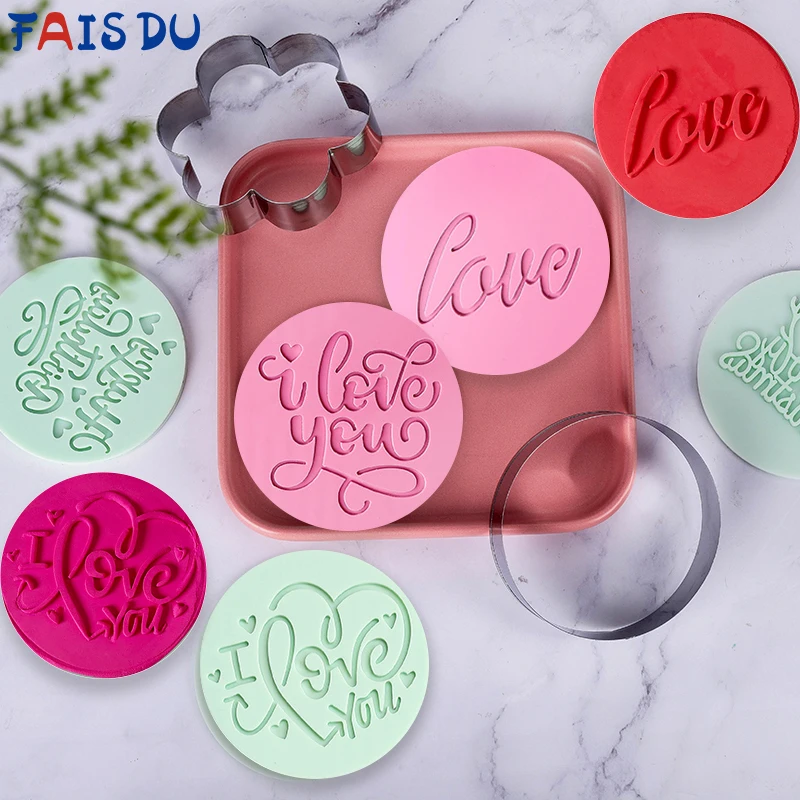 FAIS DU 1,3-8pc Fondant Acrylic Cookie Embosser Mold Happy Birthday Valentine\'s Day Pattern Biscuit Stamp Cake Decorating Tool