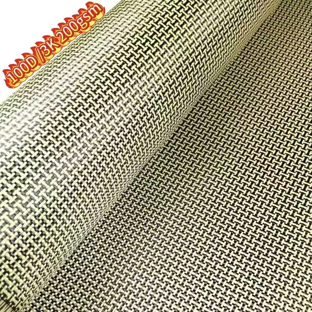 

100D /3K 200gsm Yellow Kevar & Carbon fibermixed Fabric Piain Hybrid Carbon Kevlar Cloth 50cmx100cm