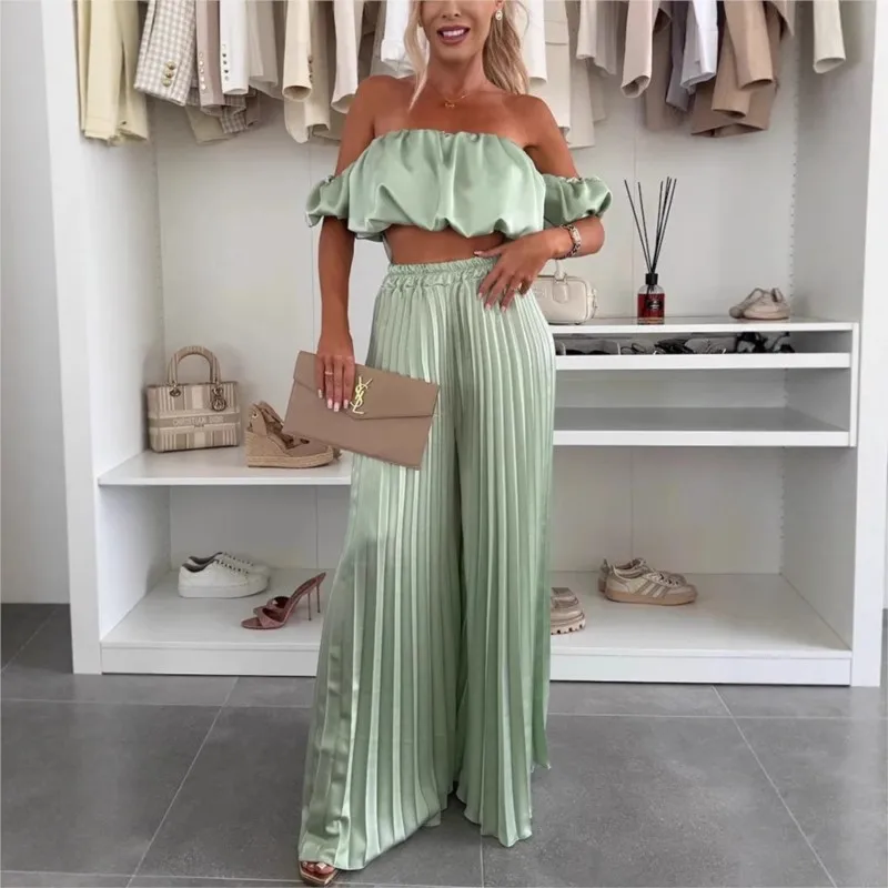 2025 الصيف المرأة مثير 2 قطعة مجموعة خارج الكتف أكمام المعتوه صديرية دائرية + بنطال ذو قصة أرجل واسعة مجموعة موضة حفلة بناطيل كاجوال الزي