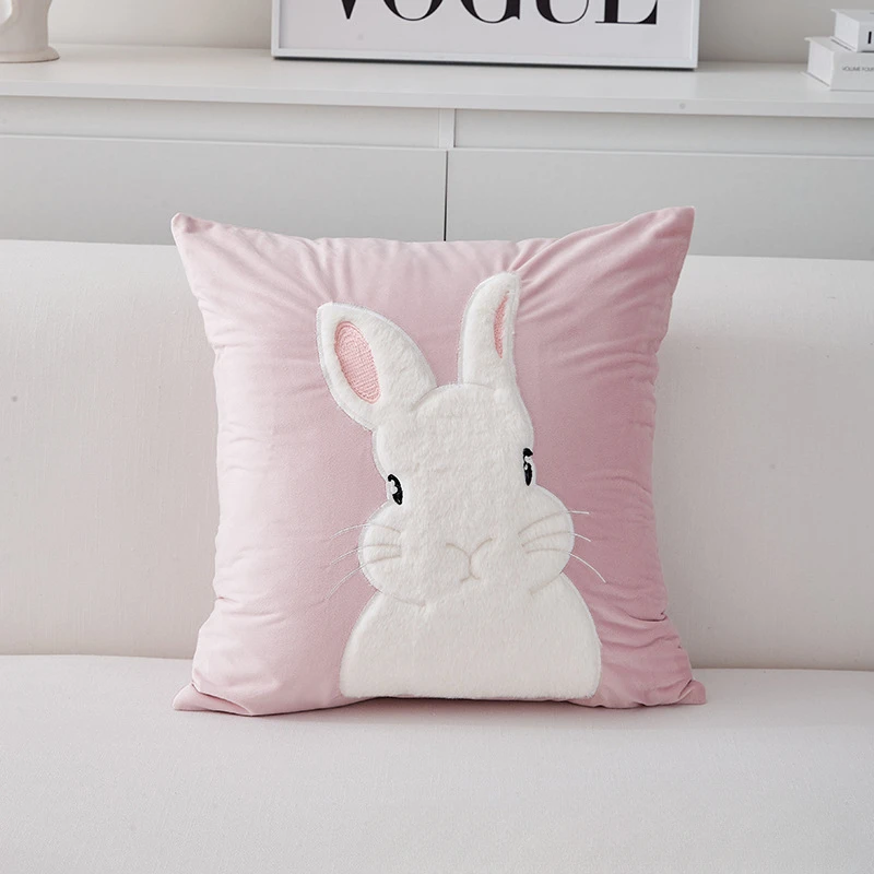 

New Pillow Case Velvet Embroidered Home Sofa Cute Rabbit Pillowcase Cartoon Car Backrest Cartoon Pillow Cover 45x45cm Pink