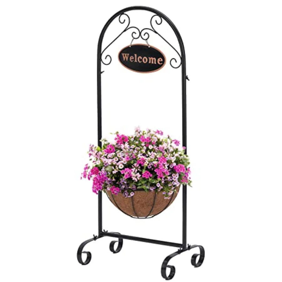 

Металлическая подставка для кашпо с декоративной надписью «Welcome» и кокосовым вкладышем, 39,5 дюймов, для уличного декора