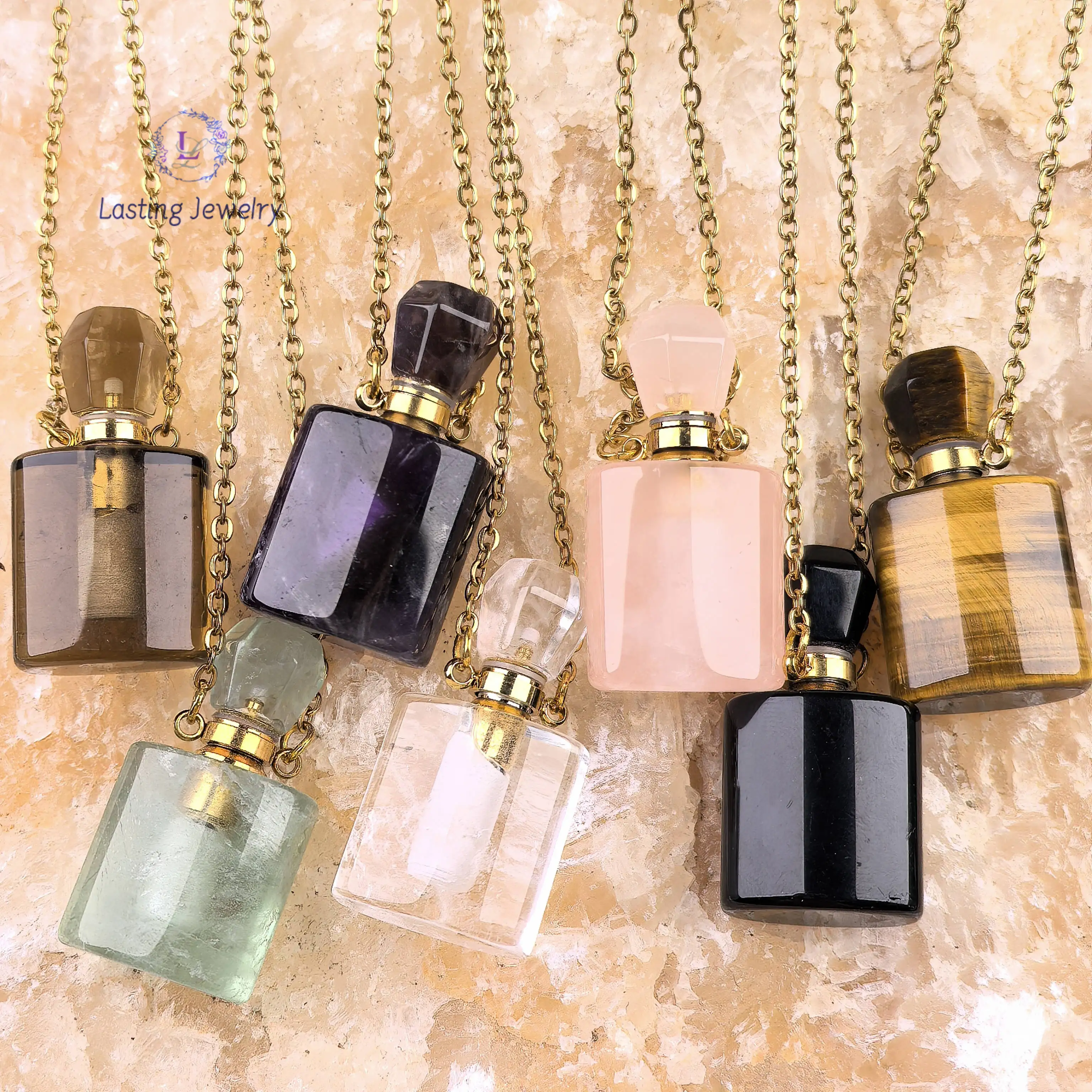 Healing Crystal Green Fluorite Perfume Bottle Pendant Necklace,Obsidian Quartz Essential Oil Diffuser Vial Charms Women Jewelry