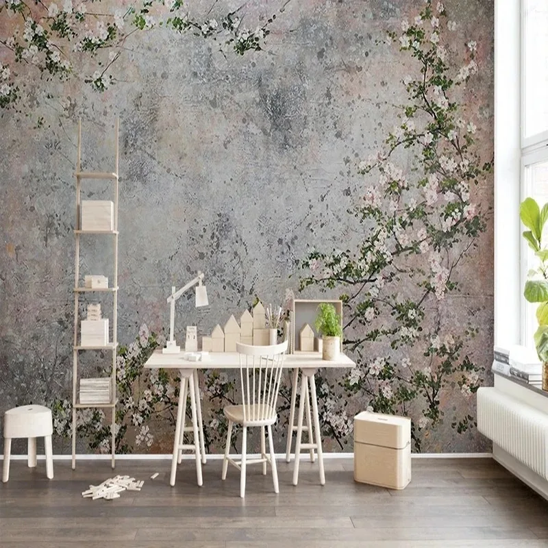 3D Wall Mural Retro Cement Wall Vines Floral Relief Photo Wallpaper Living Room TV Study Room Background Wall Painting