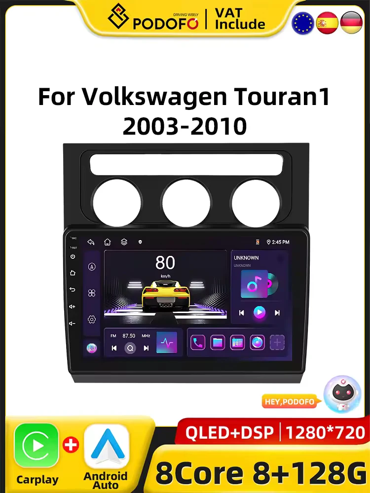 Podofo 4G CarPlay Android Autoradio Per Volkswagen Touran 1 2003-2010 Lettore Multimediale 2din GPS Unità Principale Sistema Intelligente