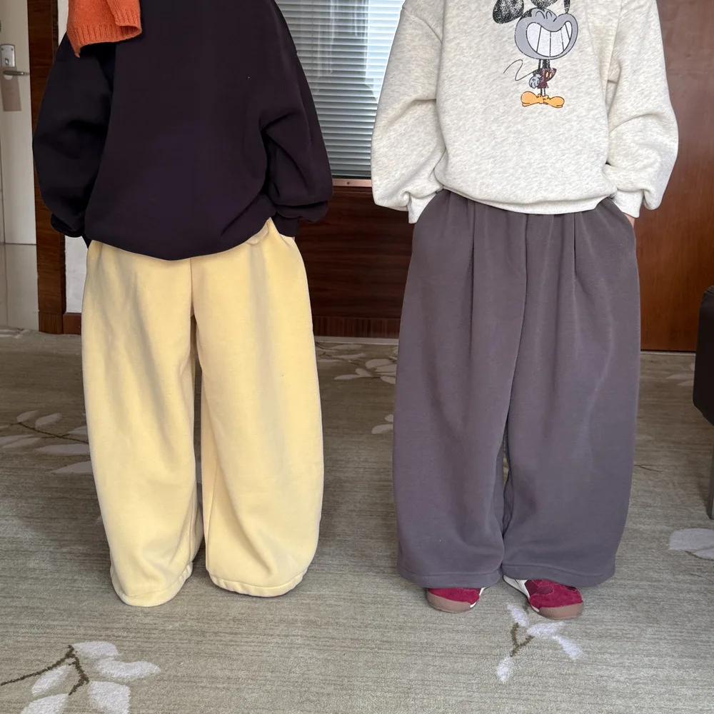 Kids 2026 Autumn Winter Fleece Lined Straight Pants Japan Korean Solid Color Loose Casual Trousers for Boys Girls