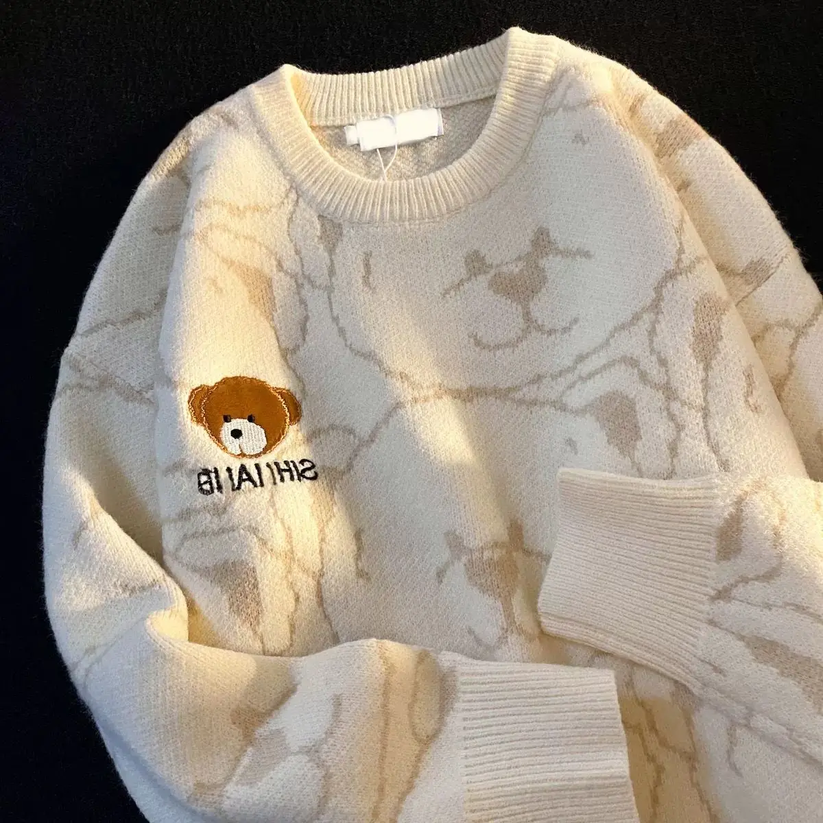 High Street Cute Bear Embroidery Thickened Sweater Couples O-neck Oversized Aesthetic Y2K Tops Hip Hop Streetwear Winter Clothes