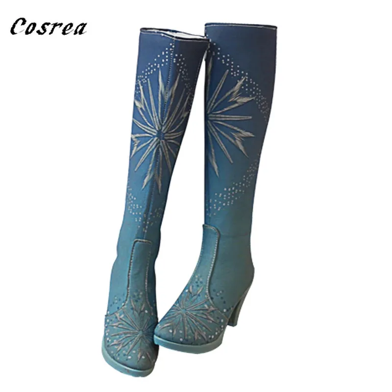 

Queen princess costume ice shoes winter girls Christmas snow cosplay knee-high high-heeled boots;5'b,8.v;