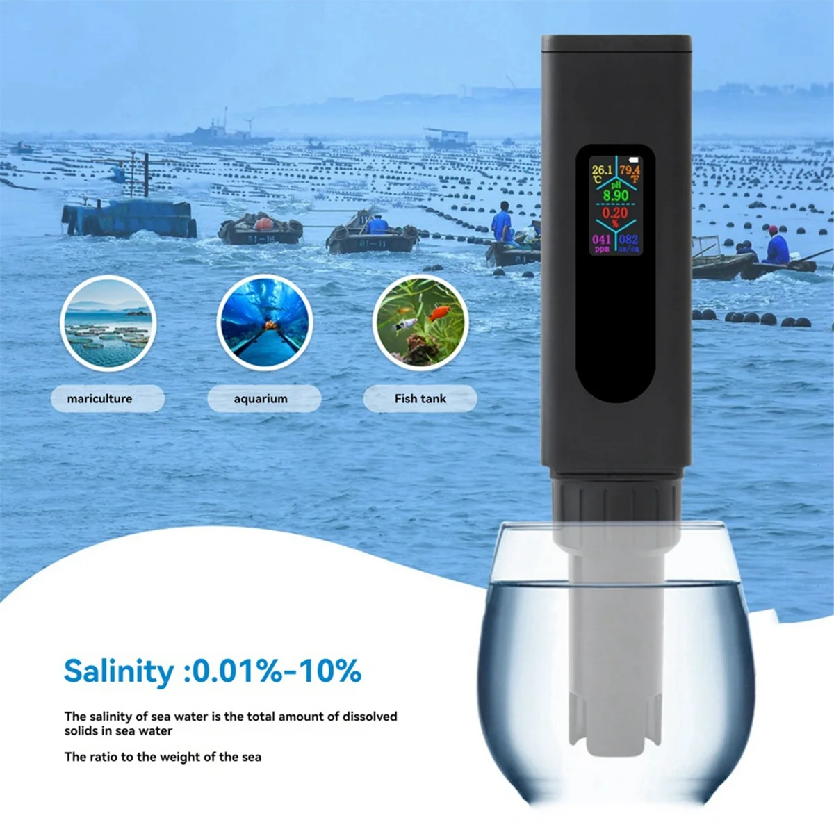 BISM Rechargeable 5 in 1 Salinity Meter PH Water Quality Tester Digital EC TDS TEMP Monitor for Aquarium, Hydroponics, Pool