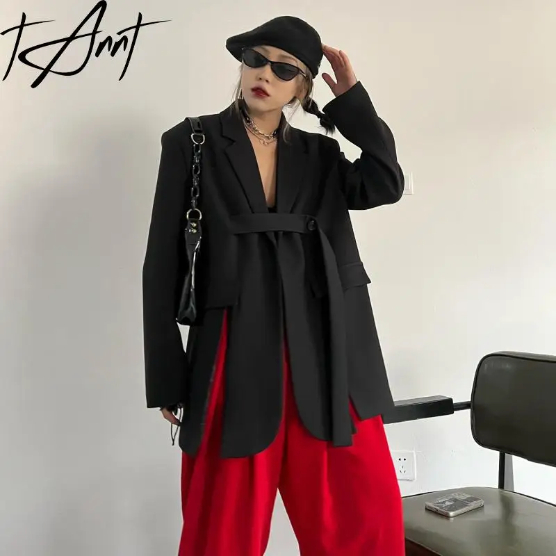 Tannt Women Blazer Irregular Split Bandages Black Gray Women Blazers And Jackets Asymmetry Vintage Fashion Long Blazer Oversize