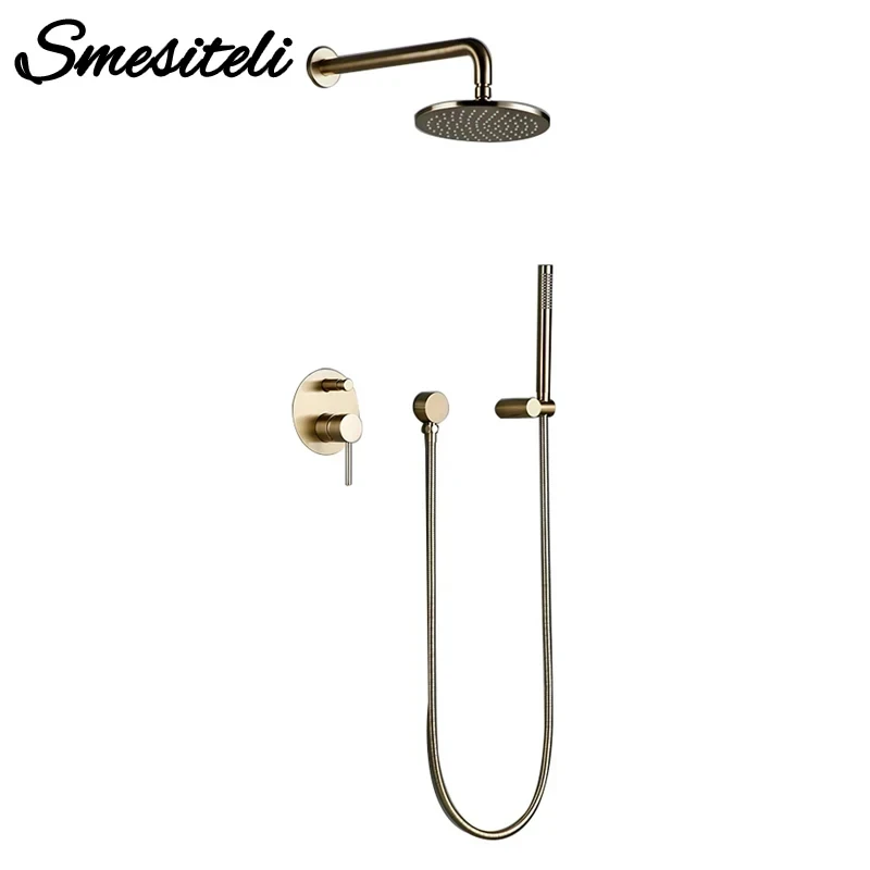 Shower System Wall Mount Bathroom Set Bath Faucet Brass Diverter Mixer Tap Brushed Gold With RainFall Head And Hand Held 8-12