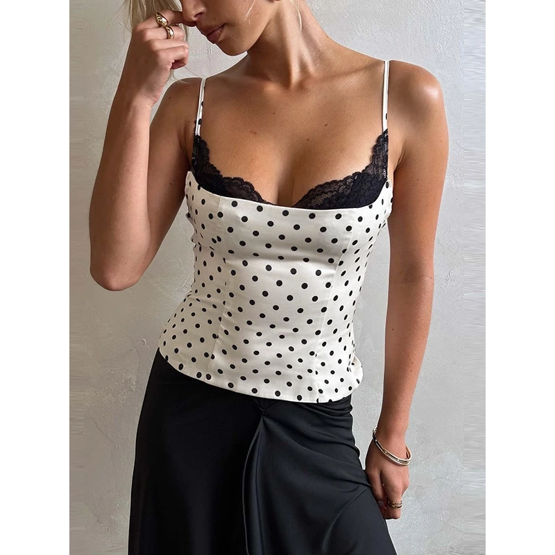Sexy Lace Splice Slimming Polka Dot Strap Women's Fashion Sweet And Spicy Style Top Cross-Border Bicolor Halter Neck Crop Top