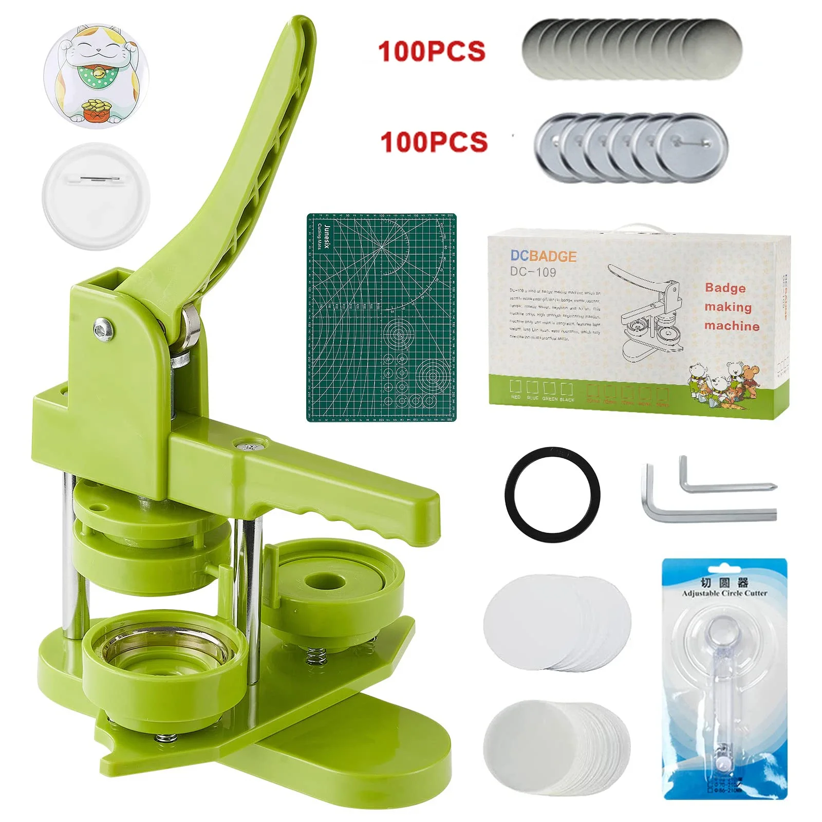 

Multiple Colors 58mm DIY Pin Badges Maker Punch Press Machine with 100pcs Button Parts&100pcs Pictures&Circle Cutter&Magic Book
