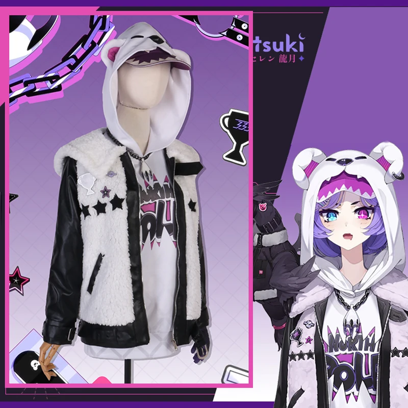 The Vtuber Cos Selen Tatsuki Cosplay Sweet Bear Ear Hoodie with Plush Coat daily Costume female full set B