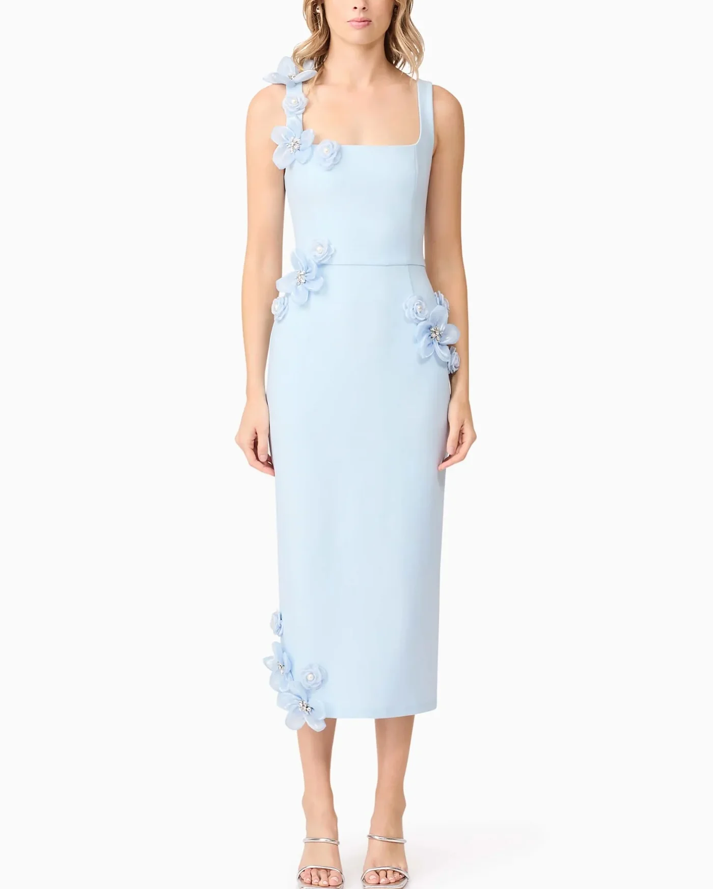 

Customized Graceful Crystal 3D Flowers Jersey Straight Spaghetti Straps Evening Dress High Quality Sleeveless prom dresses