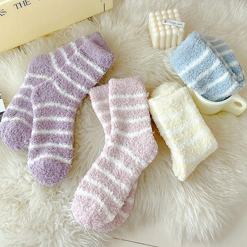 1Pair Striped Socks Women Thick Coral Velvet Winter Warm Sock Soft Fluffy Home Indoor Floor Terry Towel Fuzzy Sock Lady