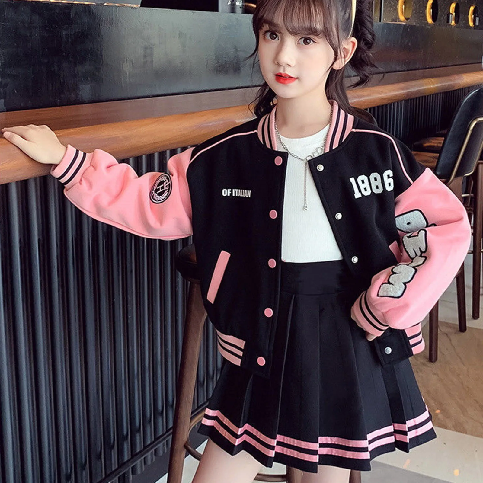 

Teen Girls Baseball Uniform Suit Autumn Fashion Letter Print Patchwork Jacket Coat + Pleated Skirt 2pcs Jk Outfits 4-14y