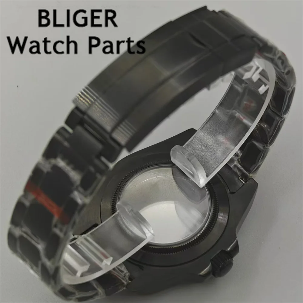 BLIGER 40mm Black PVD Watch Case Sapphire Glass Fixed Bezel Stainless steel bracelet Fit NH34 NH35 NH36 ETA2824 PT5000 Movement