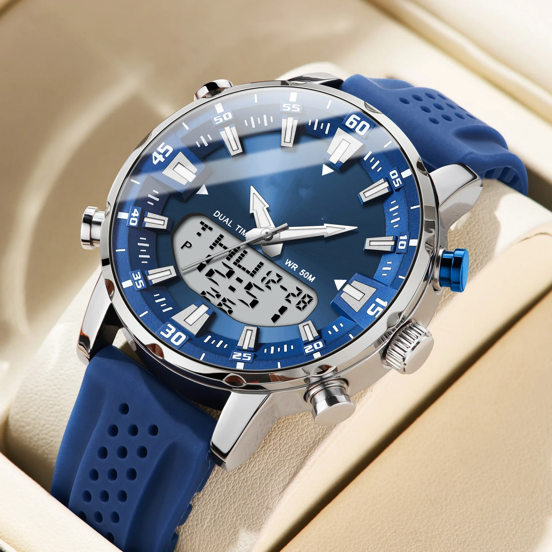 นาฬิกาควอตซ์นาฬิกาข้อมือดิจิตอล Dual Dials กีฬาธุรกิจนาฬิกาซิลิโคนปฏิทินนาฬิกาแฟชั่นนาฬิกา 4 สี