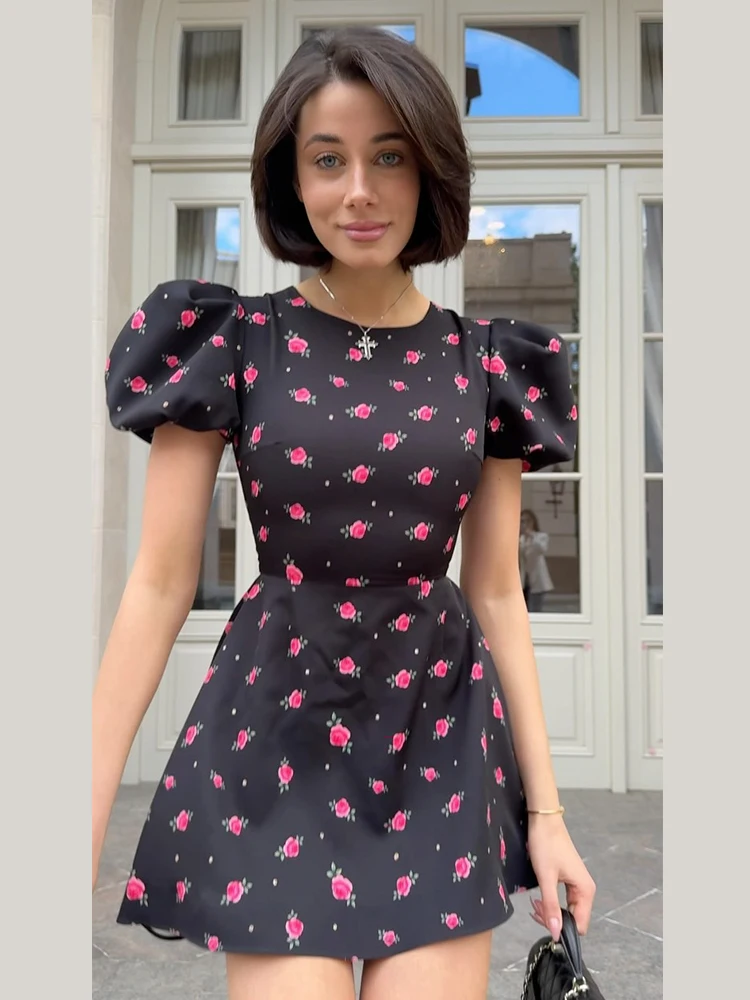 Floral Printed Dresses For Women Fashion Sexy Streetwear Puff Sleeves O-Neck A-Line Elegant Mini Vestidos Robes Female Slim Fit