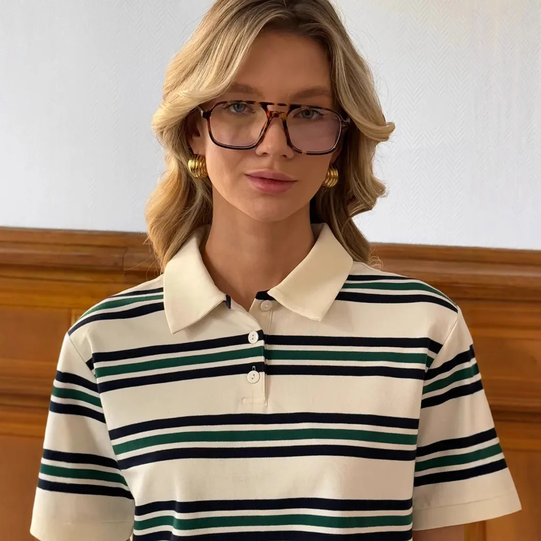 الرجعية المتناقضة قميص بولو مخطط 2025 الربيع والصيف المرأة موضة فضفاضة لينة غير بيلينغ القطن قصير الأكمام تي شيرت