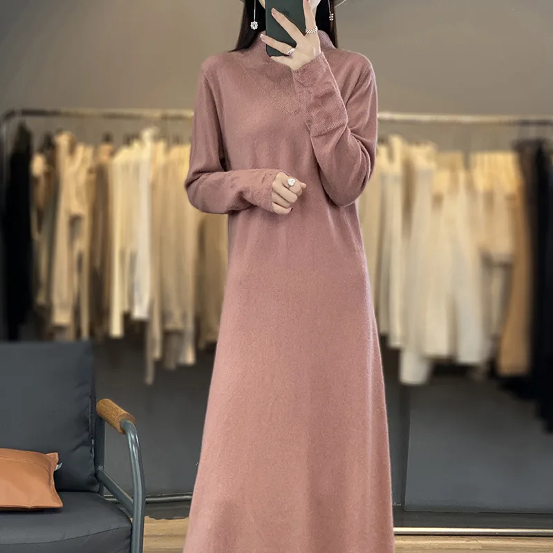 

Women'S Lace Crochet Half Turtleneck Wool Sweater Over--Knee Long Dress 2023 Autumn Winter New Knitted Wool Sweater Wool Dres