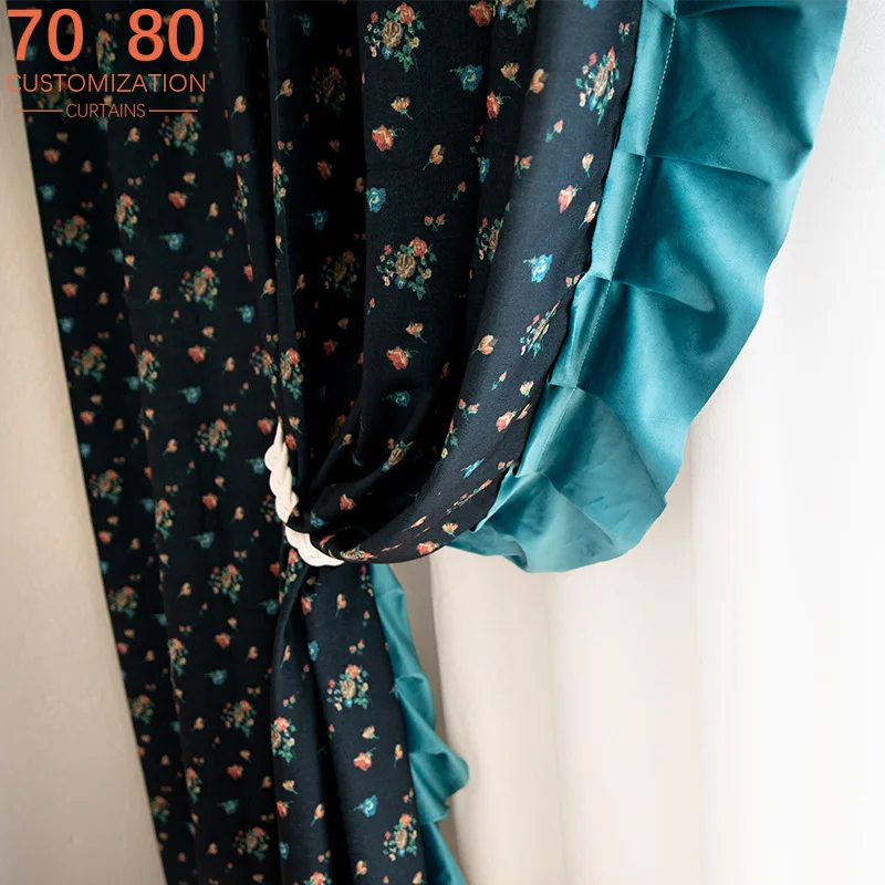 Small Rose Navy Imitation Cotton Linen Jacquard Wood Ear Edge Splicing Curtains for Living Room Bedroom French Window Customized