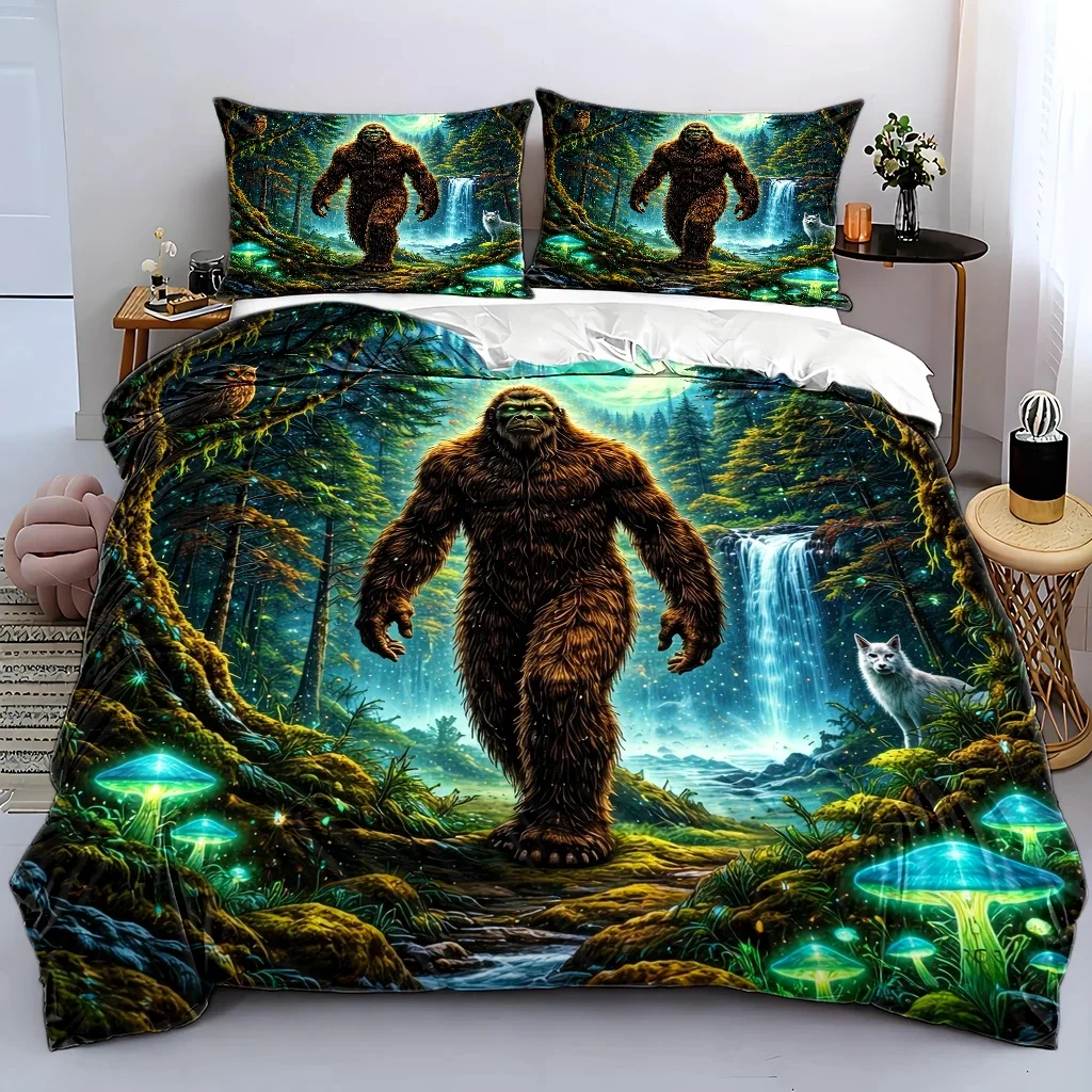 3Pc Fantasy Forest Bigfoot Theme Duvet Cover Set, Three-Piece Bedding Set (1*Duvet Cover + 2*Pillowcases), Suitable for All Seasons, Machine Washable, Hidden Zipper Design, Large Double Bed Cover Set, Universal for Home, Dorm, Master Bedroom, Guest Room, Fluorescent Mushroom Forest Animal Elements, Personalized Artistic Style Bedding, Cross-Border Hot-Selling Bedroom Bedding Set