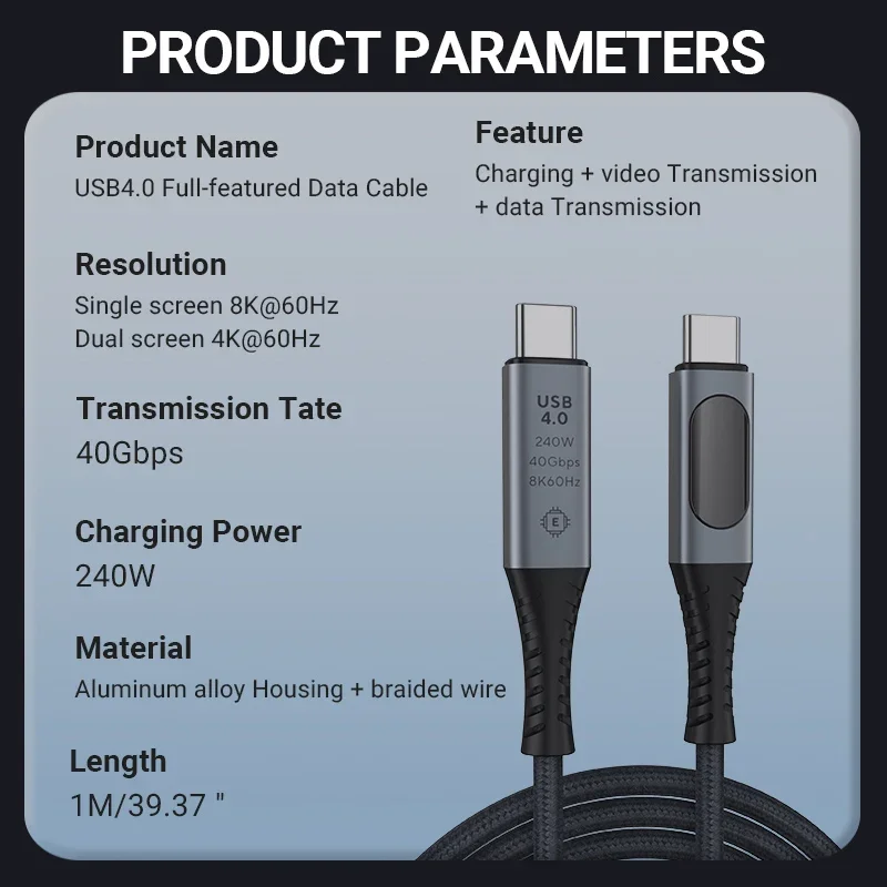 40 Gbp/s 8K 60Hz USB4 Data Cable 240W Type C Fast Charging Cable Compatible with Thunderbolt 4 with Digital Display Power