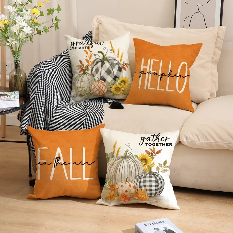 

45x45cm Set of 4 for Farmhouse Inserts Fall Decor Hello Pumpkin Maple Leaf Thanksgiving Fall Throw Pillows Cushion Case