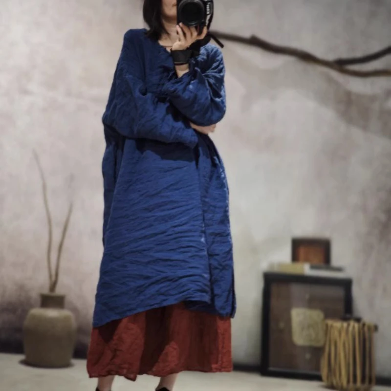 

Новое женское платье высокого качества с длинными рукавами, винтажное женское однотонное платье в китайском стиле на пуговицах, свободное повседневное платье с разрезом для подиума