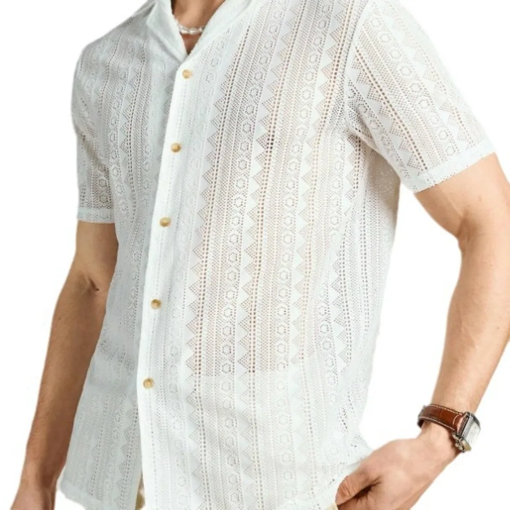 Men's Short-sleeved Shirt Lace Loose-cut Knitted Casual TShirt Fashion Male Tops