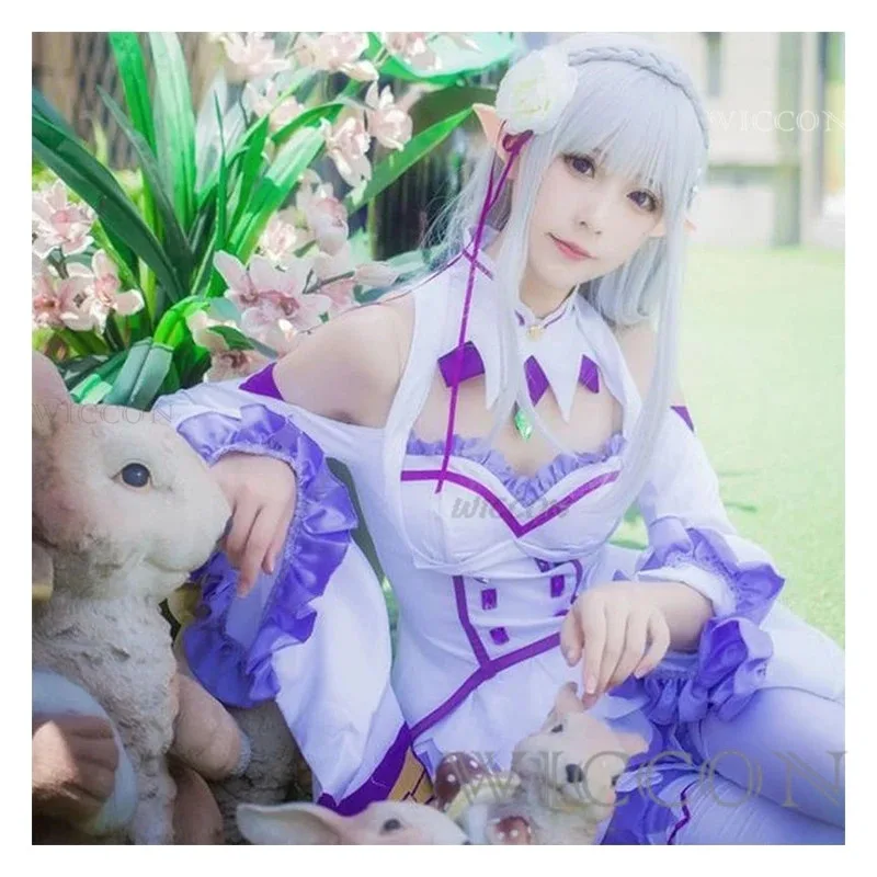 Kostum Cosplay Anime Emilia Rezero 2025, Wig, Gaun Lolita Imut, Kostum Halloween untuk Wanita Elf
