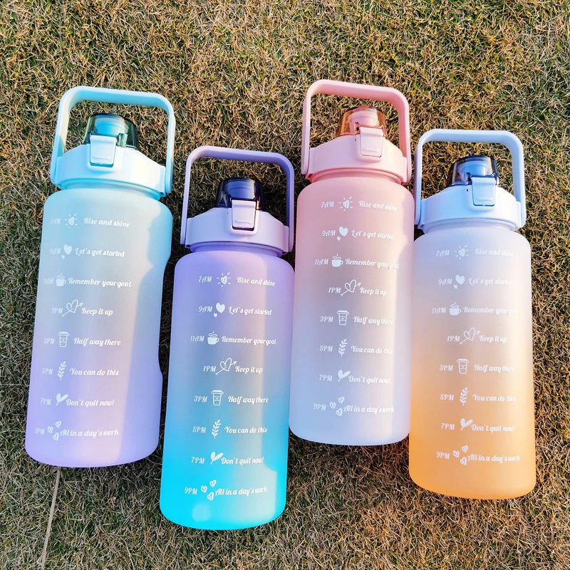 2L Water Cup Large Capacity Frosted With Straw Proof Plastic Sports Bottle With Time And Capacity Markings Portable Water Cup